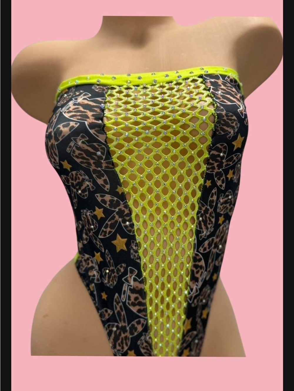 Neon Yellow Trim Black Printed Mesh One-Piece Swimsuit playboy one size